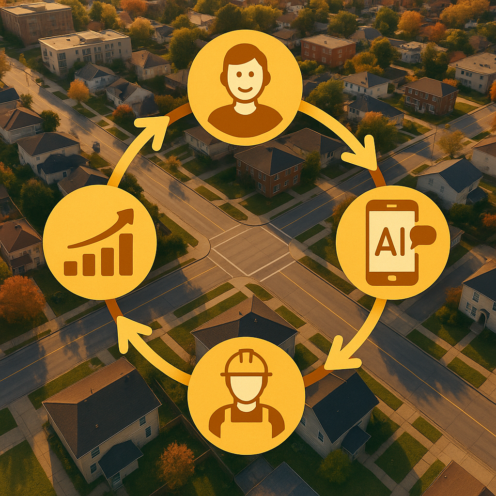 Flywheel diagram overlaid on a neighborhood aerial view showing the cycle from better service to smarter AI to business growth