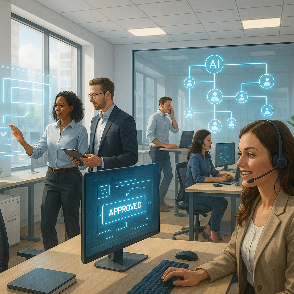 Mixed human-and-AI team collaborating in a modern workspace with live workflow dashboards