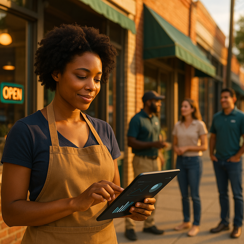 Business owner reviewing AI-powered insights on a tablet while local team members serve customers on a neighborhood street
